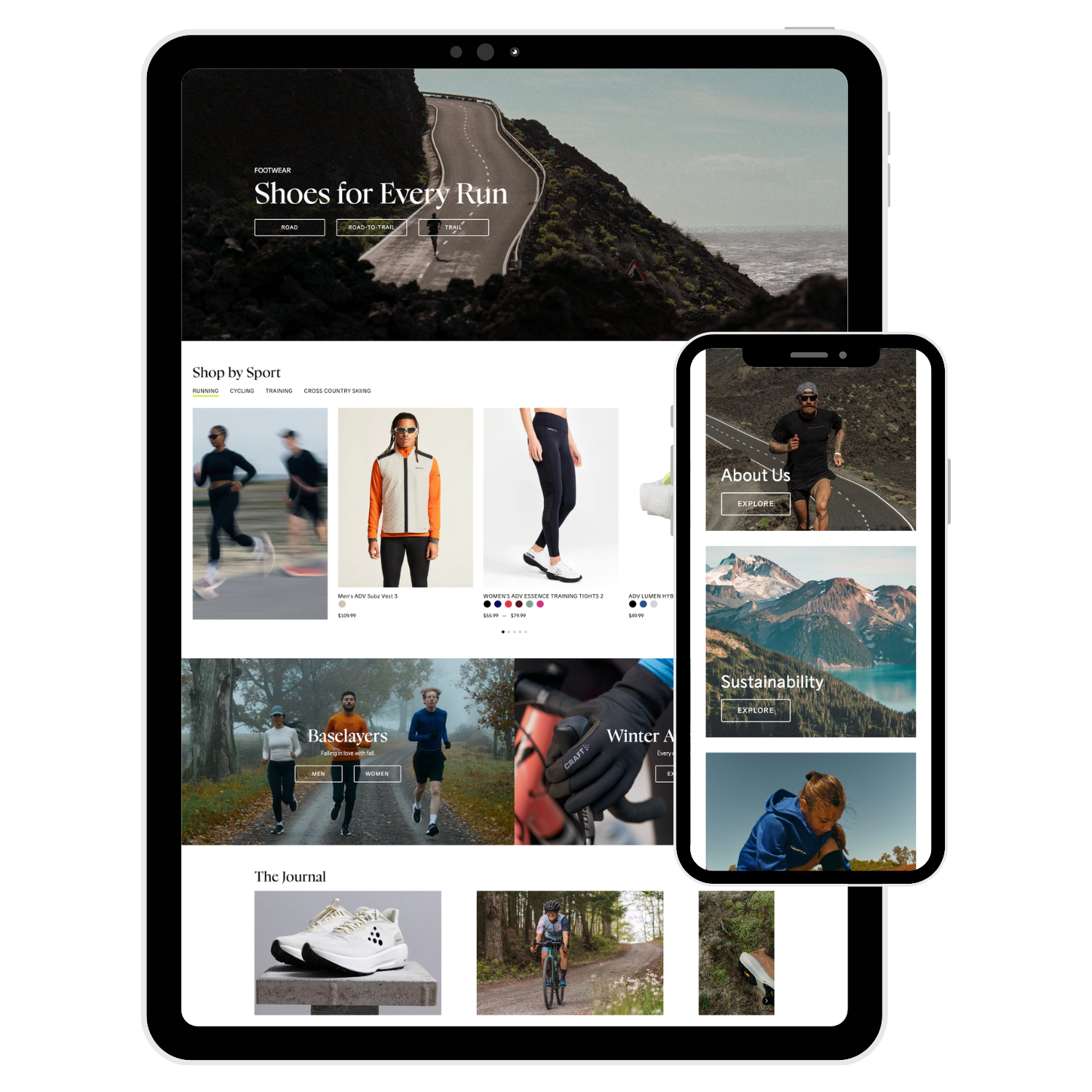 Craft Sportswear ecommerce website shown on tablet and mobile