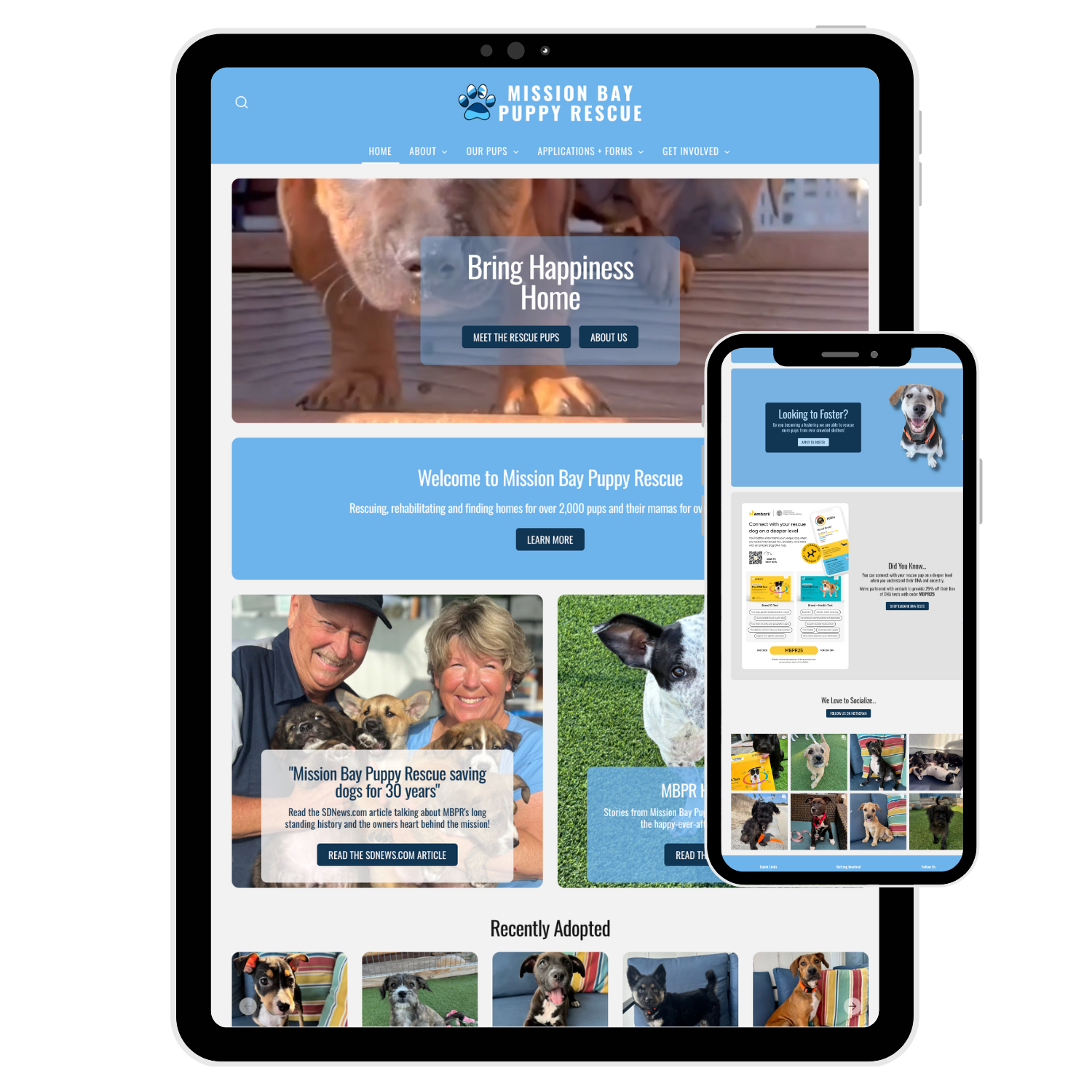 Mission Bay Puppy Rescue website shown on tablet and mobile