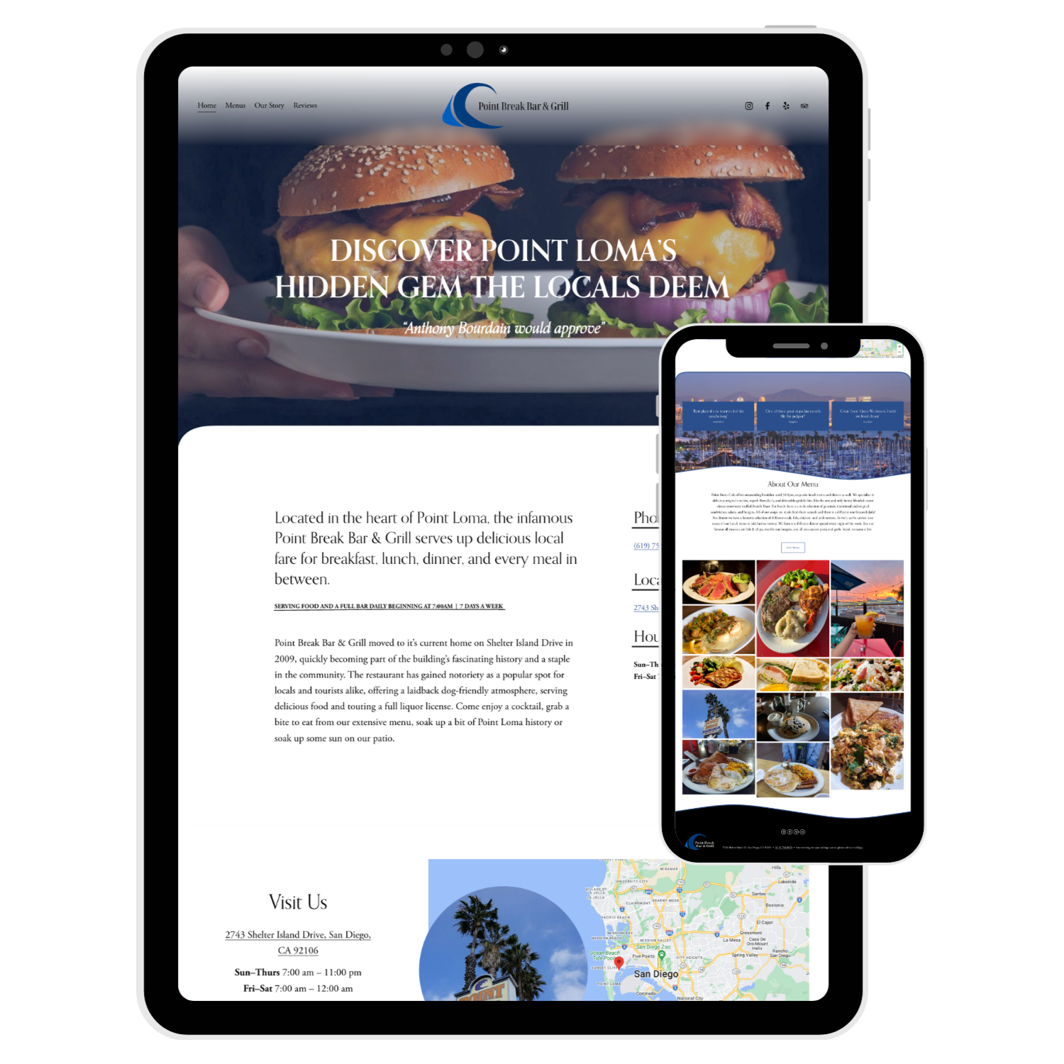 Point Break Bar & Grill website shown on tablet and mobile devices
