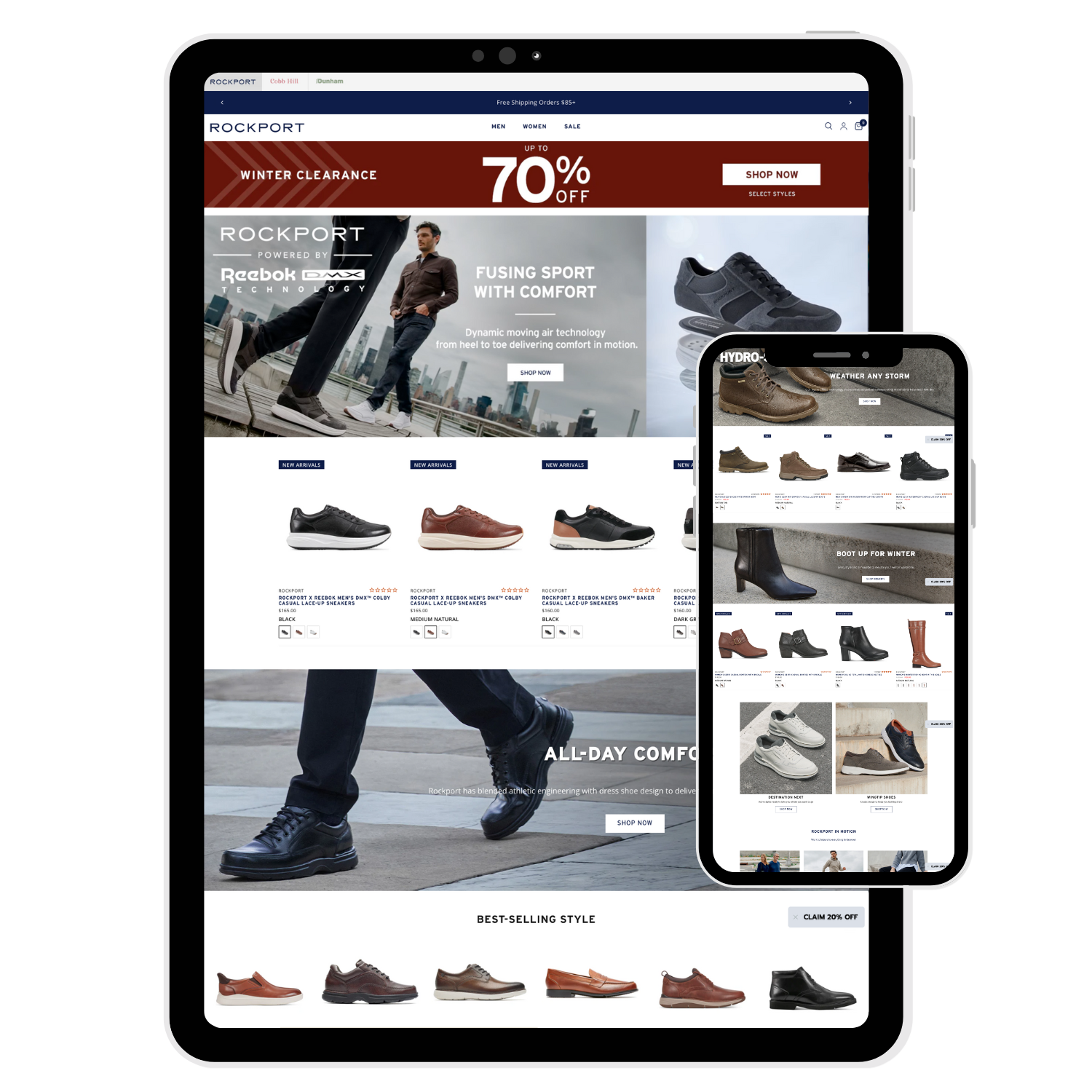 Rockport ecommerce website shown on tablet and mobile devices
